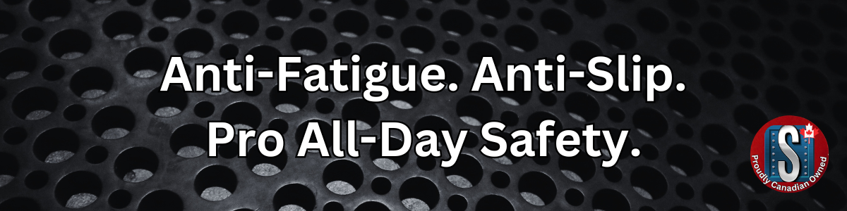 Anti-fatigue rubber mats with textured surfaces and anti-slip flooring rolls, representing Skookum Tools' matting and floor safety products for traction, comfort, and workplace protection.